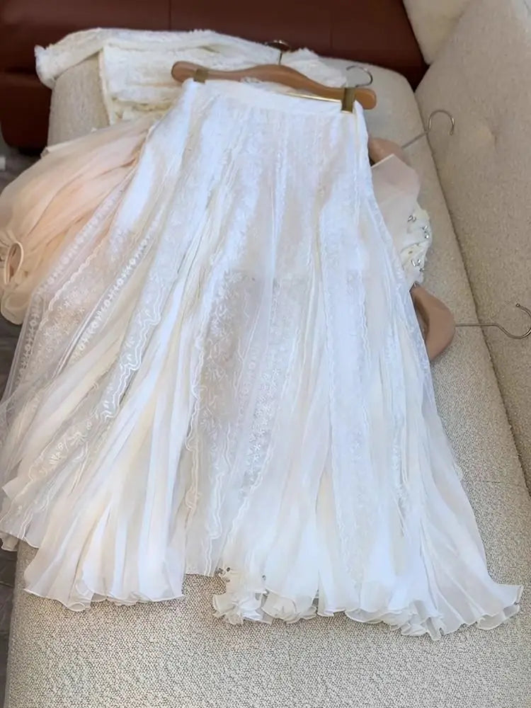 maoxiangshop - High end Lace Edge Embroidered White Skirt Spring and Autumn New Korean Fashion Sweet High Waist Loose Slim A-line Long Skirts