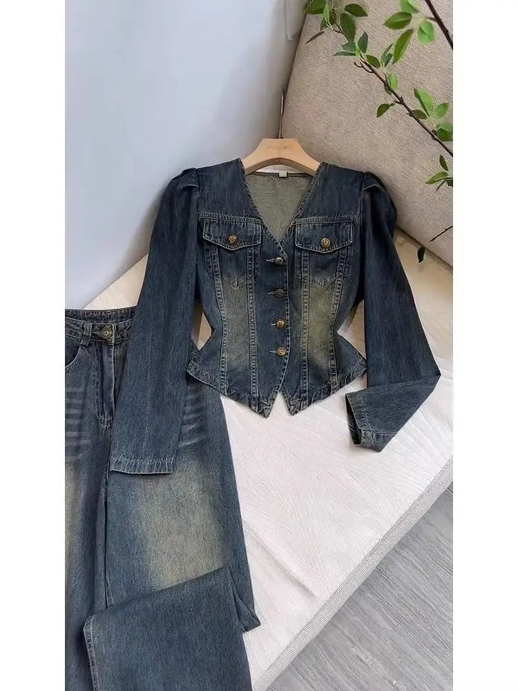 V Neck Denim Coat Wide Leg Jeans Trousers 2 Piece Sets Womens Outfits Y2k Suits Vintage Autumn Winter Jacket Loose Pants