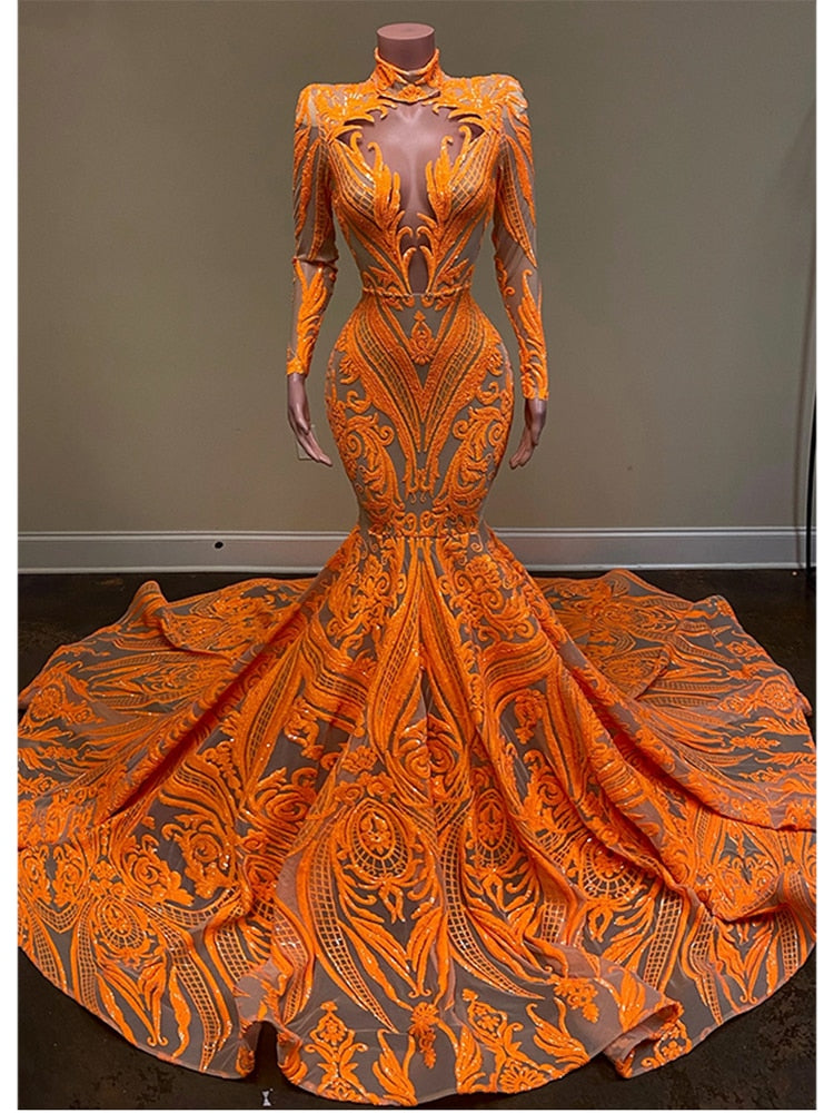 maoxiangshop Orange Mermaid Evening Gowns Party Dress For Womens Blingbling Applique Long Sleeves Occasion Gown Robe De Soir¨¦e