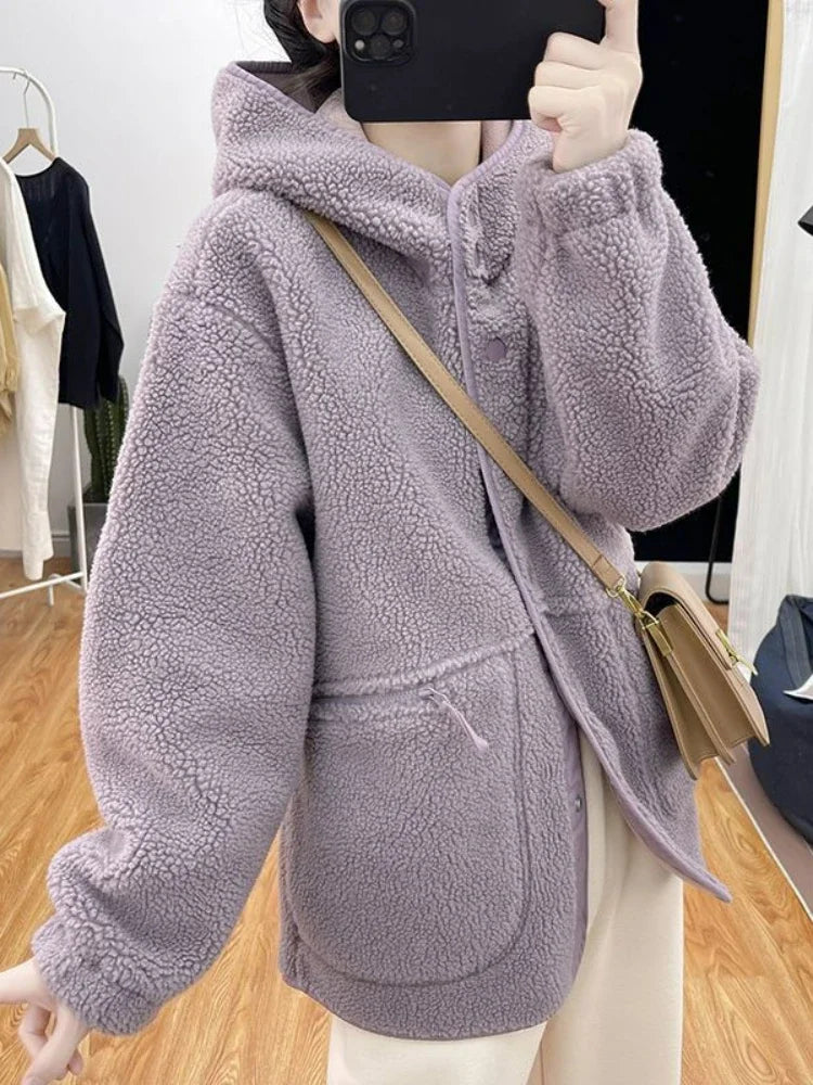 maoxiangshopNew Korean Fashion Jacket Women Autumn/Winter Single Breasted Hooded Imitation Lamb Wool Top Vintage Thick Coat Women Clothing
