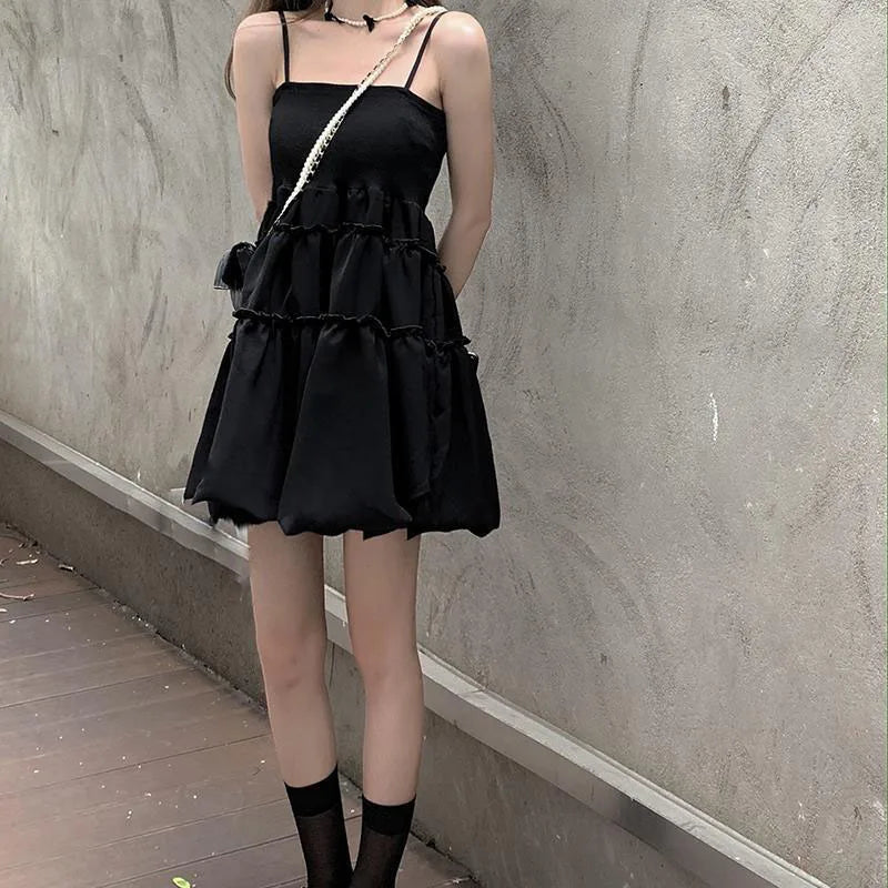 maoxiangshop Fashion All-Match Fluffy Dress Women Korean Waist-Tight Spaghetti Strap Agaric Edge Black Dresses Woman Summer Prom Gown