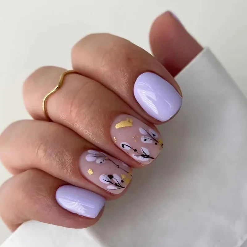maoxiangshop 24Pcs Long Square Head False Nails with Gold Foil Design Wearable Black French Fake Nail Glitter Coffin Full Cover Press on Nail