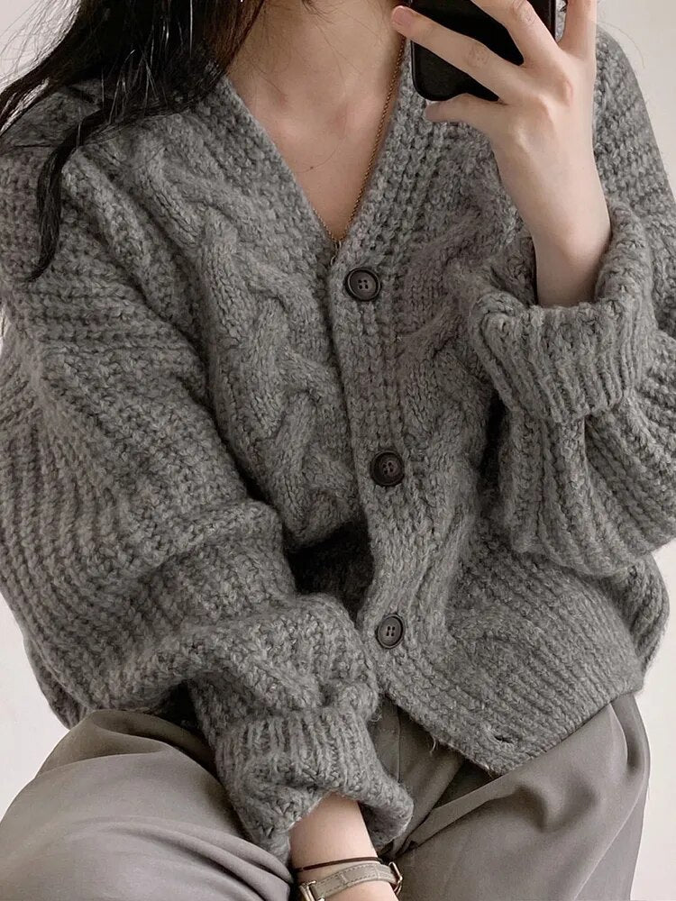 maoxiangshopKorean Thick Women Cardigan Knitted Sweater Autumn Winter chic Loose Long Sleeve Tops Simple Solid sweater jacket for Female