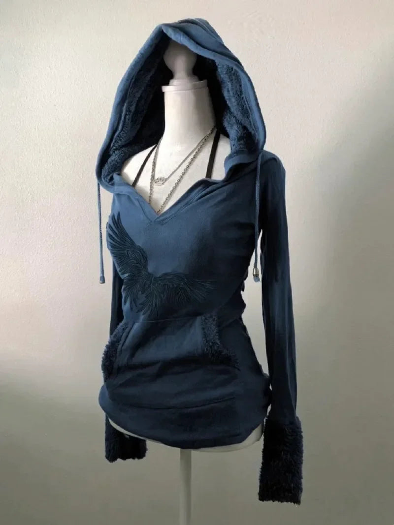 maoxiangshop - American Gothic Y2K Print Pattern Blue Lamb Wool Hoodies Women Autumn Retro Millennial Hot Girl Slim Harajuku Street Casual Top