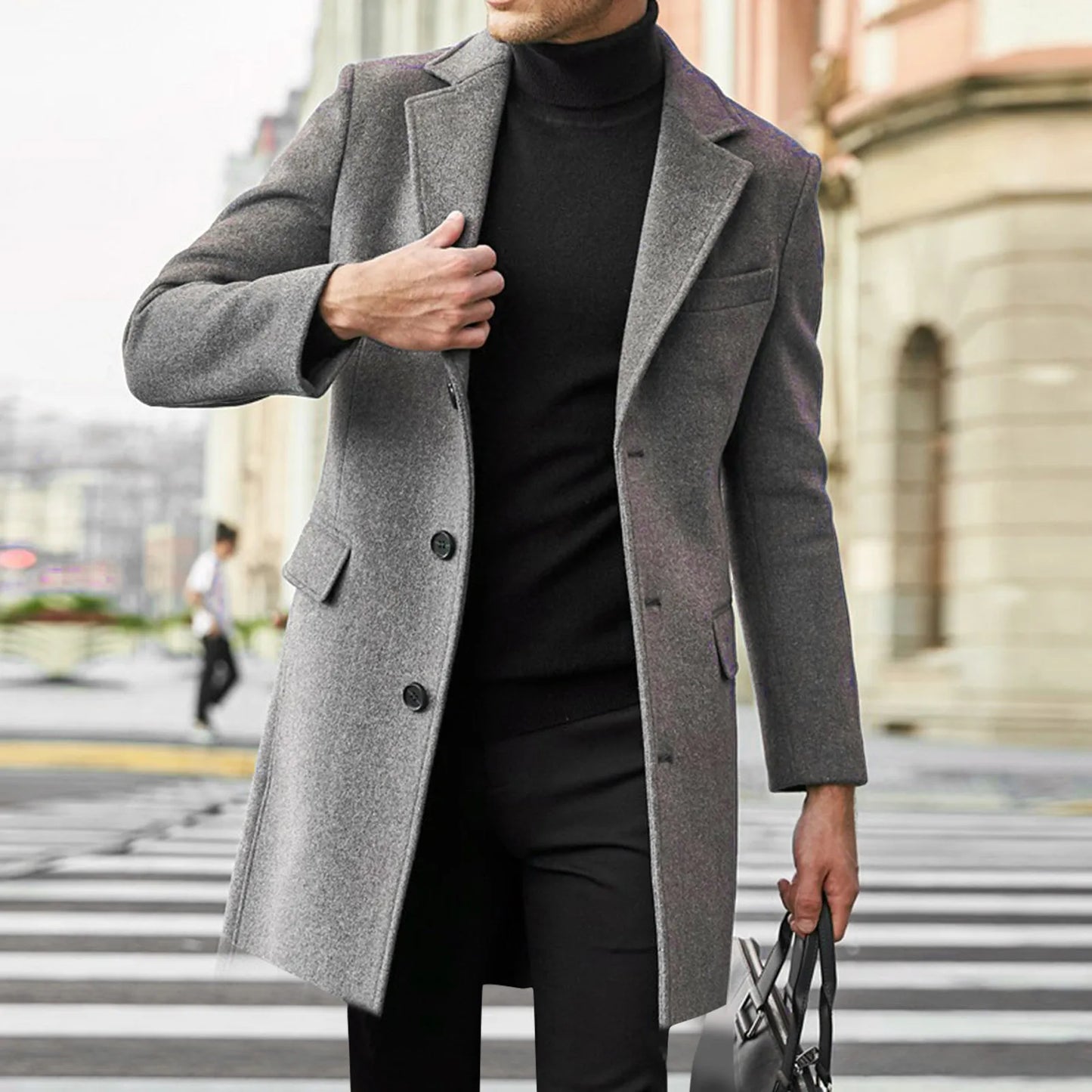 maoxiangshop Autumn Winter New Mens Woolen Coat Solid Color Long Sleeve Fashion Loose Thicken Warm Casual Men Long Overcoat Coat