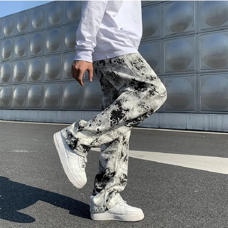 maoxiangshop Mens Fashion Printed jeans Spring Mopping Trousers Jeans Korean Style High Street Loose Hip Hop Wide-leg Jean Pants