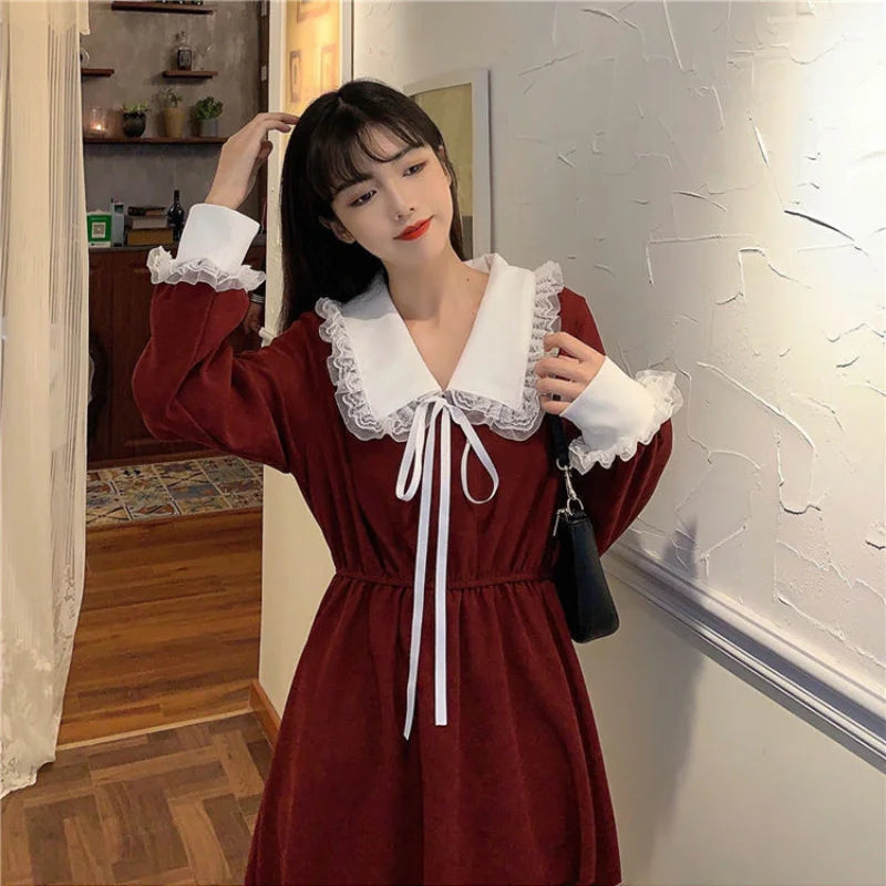 maoxiangshop New Vintage Shirt Dress Women Autumn Spring Long Sleeve Robe Kawaii Lolita Elegant Midi Dresses Korean Fashion Vestido платье