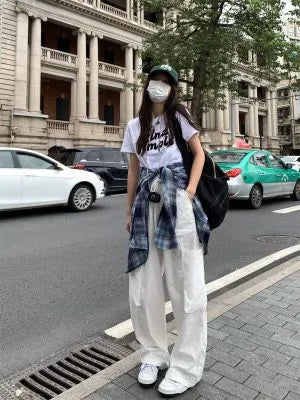 maoxiangshopWomen Big Pockets Cargo Pants Y2k High Elastic Waist Drawstring Baggy Trousers Vintage Casual Loose Side Zipper Straight Pants