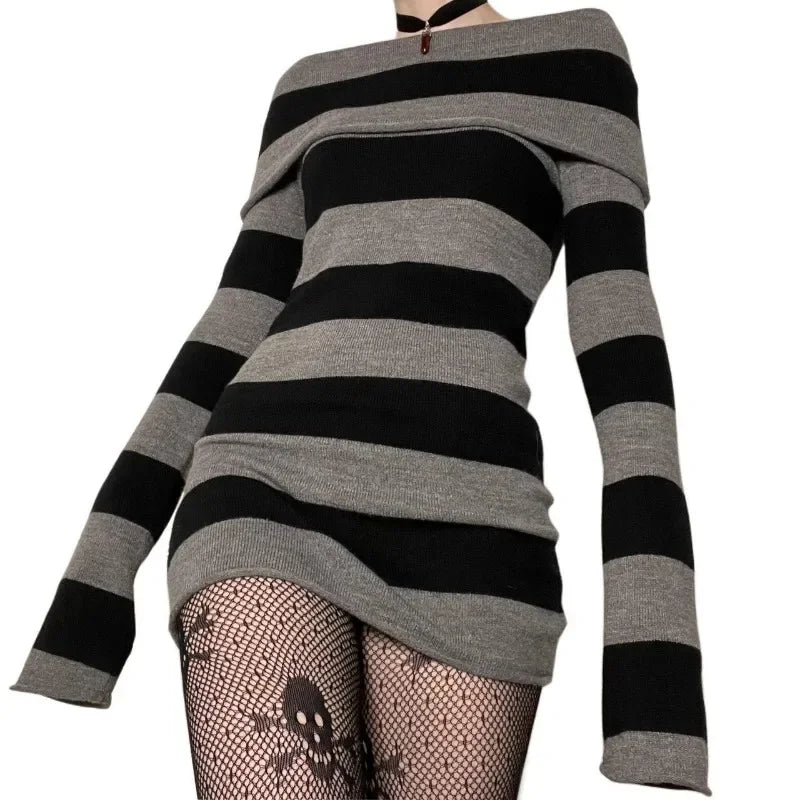 maoxiangshop - Striped Knitted Sweater Mini Dress 2024 Fall Winter Women Boat-neck Off Shoulder Long Sleeve Bodycon Casual Dresses Party Outfit