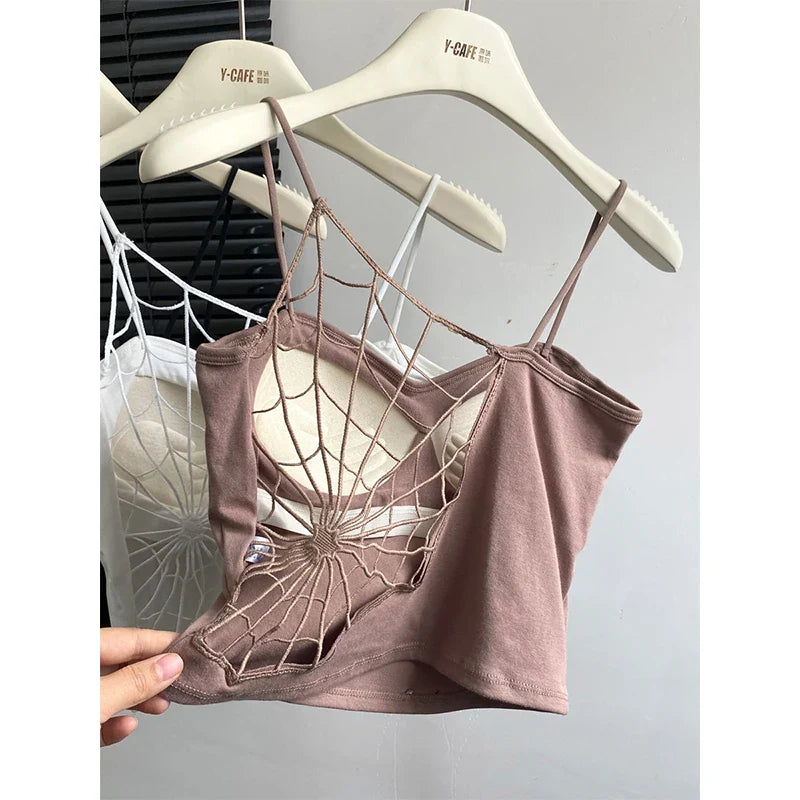 maoxiangshop Women Black Hollow Out Crop Top Vintage Y2k Camisole Corset Top Sleeveless Off Shoulder Vest 90s Tank Tops 2000s Clothes Summer