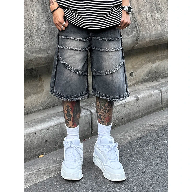 maoxiangshop American High Street Men's Wide Leg Denim Shorts Summer New Fashion Casual Baggy Short Jeans Male Chic Burrs Clothes