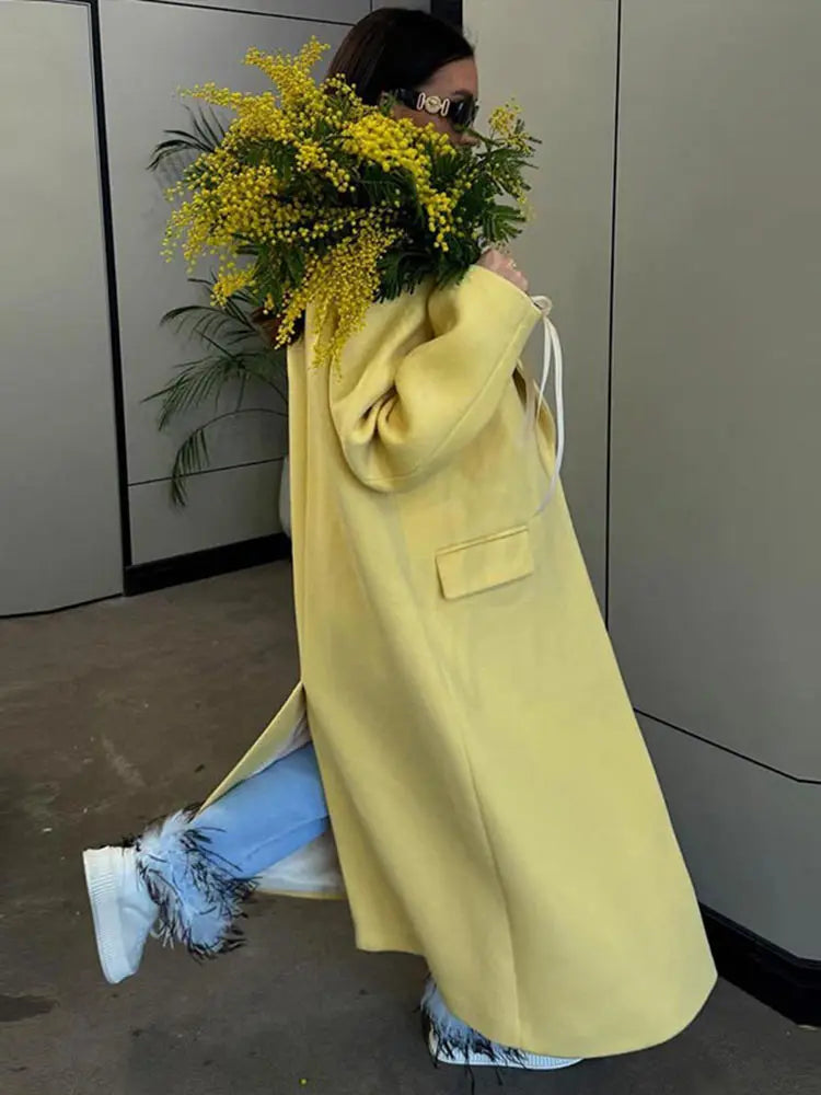 maoxiangshop - Loose Lapel Woolen Long Coats Women Winter Classic Yellow Single Button Pockets Overcoats Female Elegant Casual Street Outwear