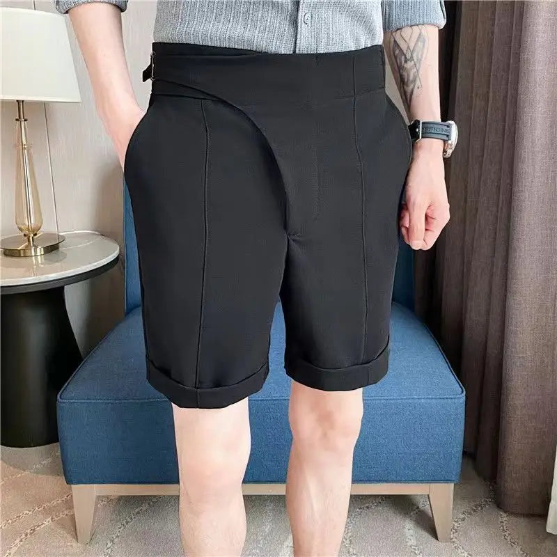 maoxiangshop British Style Casual Suit Shorts Mens Waist Buckle Button Naples Knee Length Pants Summer Thin Fashion Business Slim fit Shorts