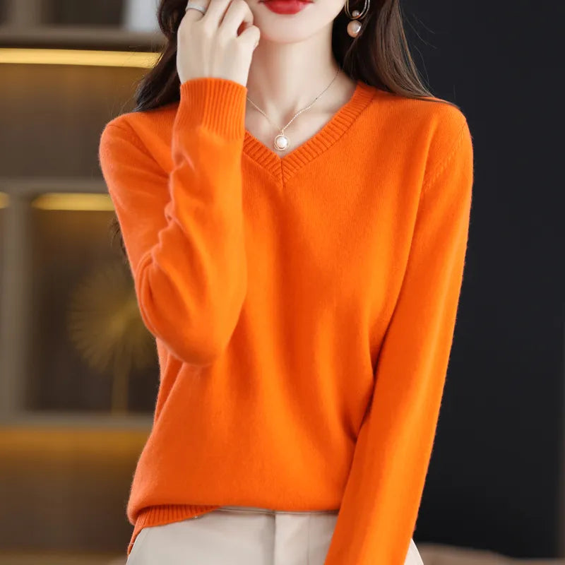 maoxiangshop Cashmere Sweater Women's Knitting Sweater 100% Pure Merino Wool Winter Fashion Basic V-neck Chic Top Autumn Warm Pullover