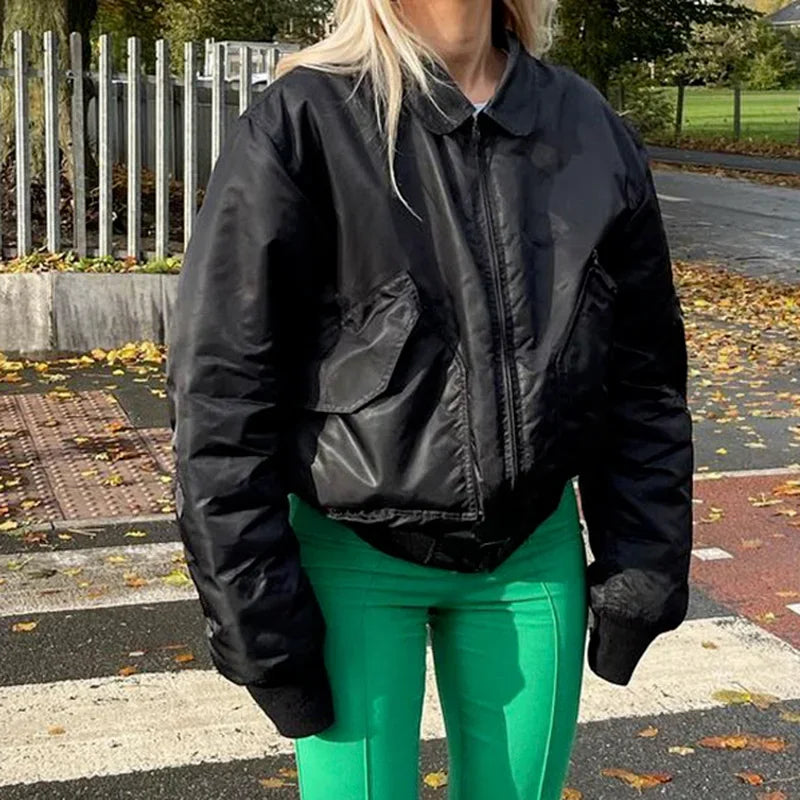 maoxiangshop - Autumn and Winter New Fashion Casual Lapel Stitching Jacket Loose Zipper Lapel Warm Jacket Casual Top women clothes