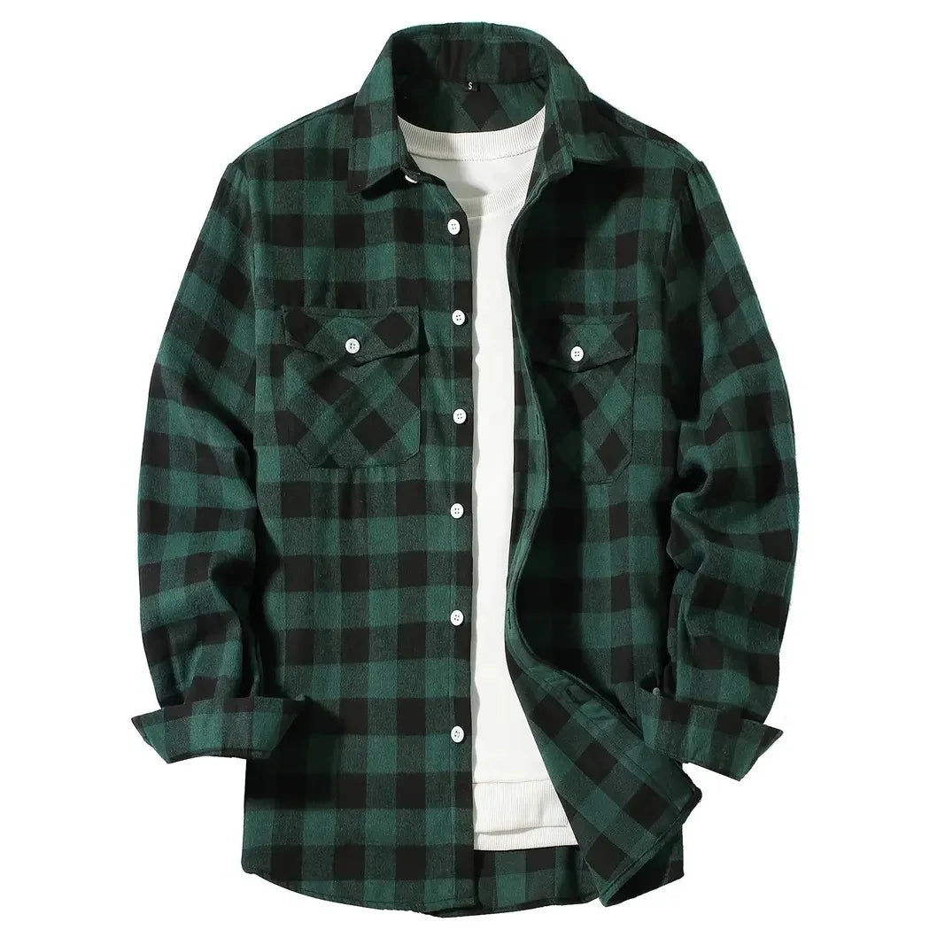 maoxiangshop Men's Shirts Button-Up Classic Plaid Smart Casual Flannel Shirt Long Sleeved Chest Two Pockets Design Spring Autumn Men Tops