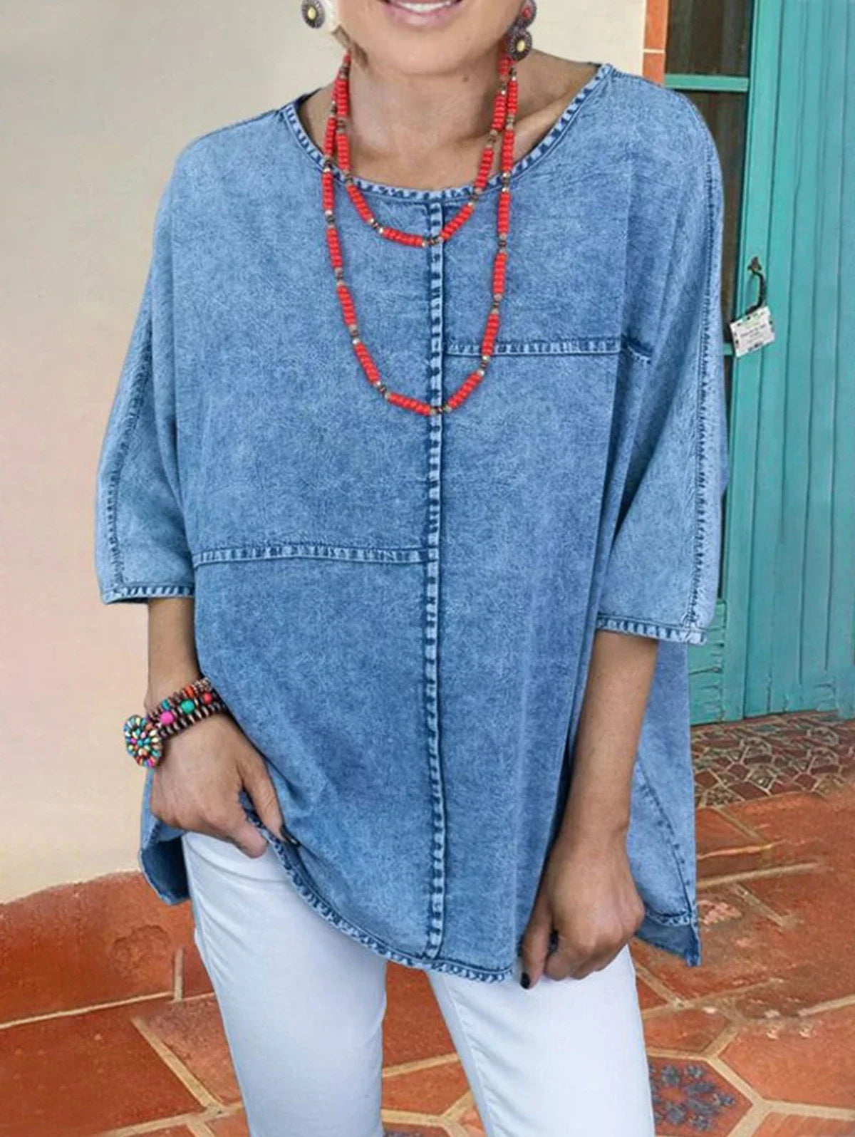 maoxiangshop Women's Plus Size Denim Shirts Spring Fashion Half Sleeve Spliced Elegant Shirt Blouse Woven Cotton Shirt Chemise Blusas Tops