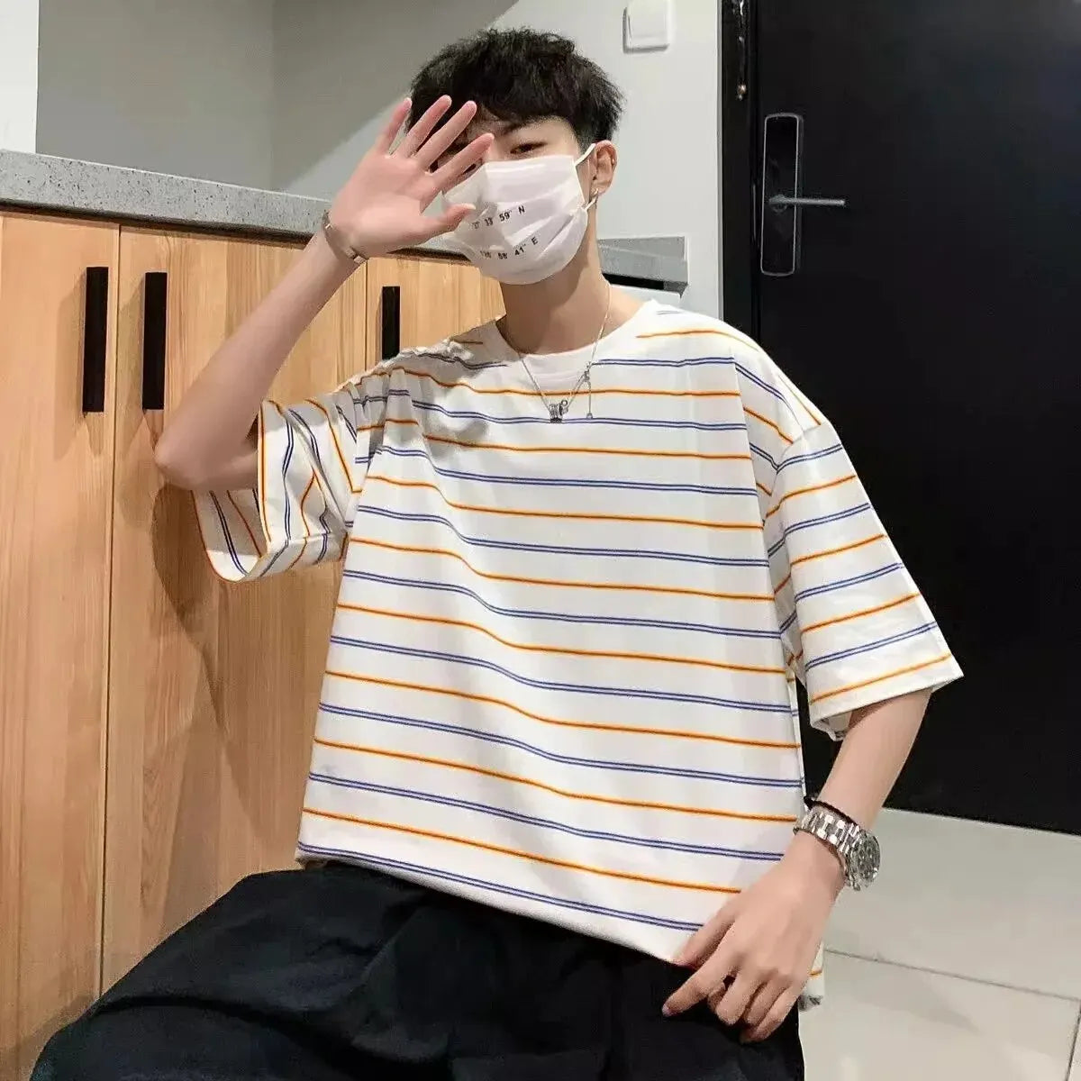 maoxiangshop 100% Cotton Short Sleeve T-shirt Men Trendy Summer Hong Kong Style Striped Five-point Half Sleeve Student Leisure Versatile