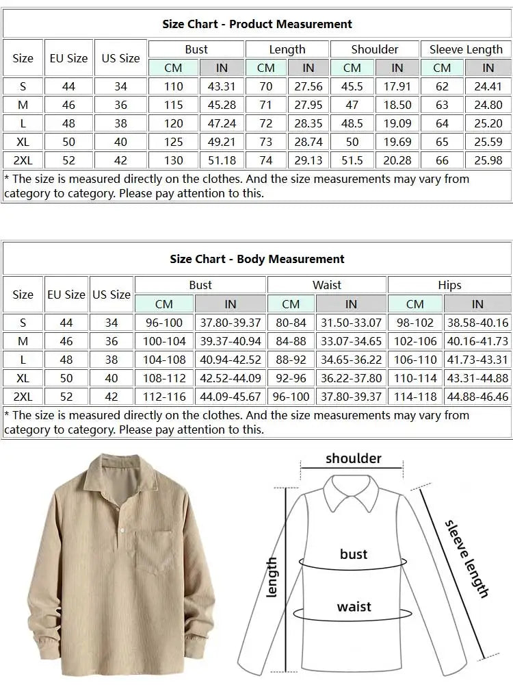 maoxiangshop Shirts for Men Corduroy Long Sleeves Shirt Half Button Solid Blouses Fall Spring Streetwear Overshirts Tops with Pocket