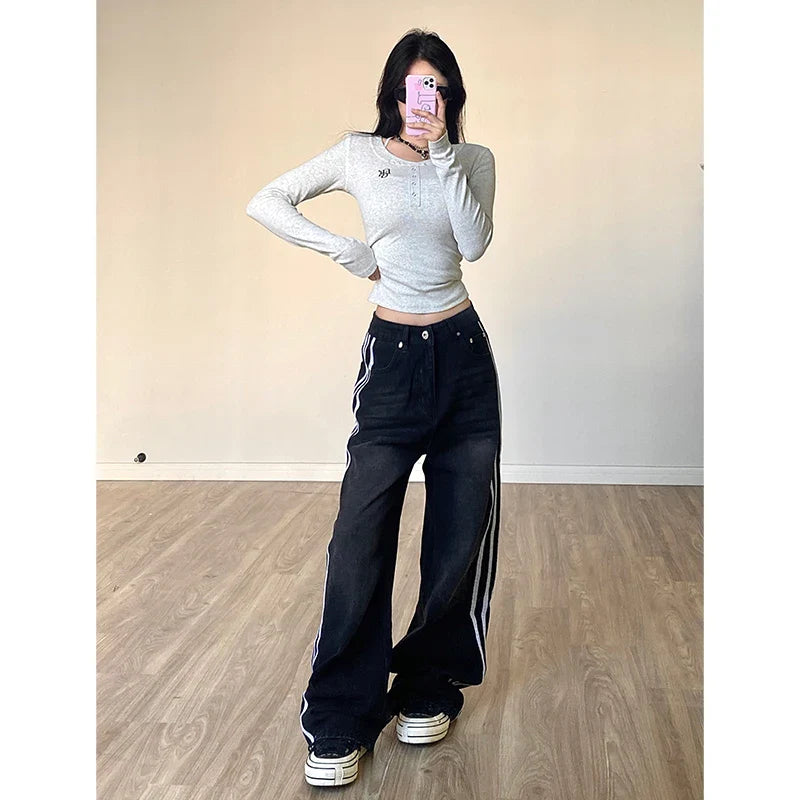 Black High Waisted Women Straight Jeans Streetwear Fashion Contrasting Colors Vintage Wide Leg Winter Female Denim Trouser