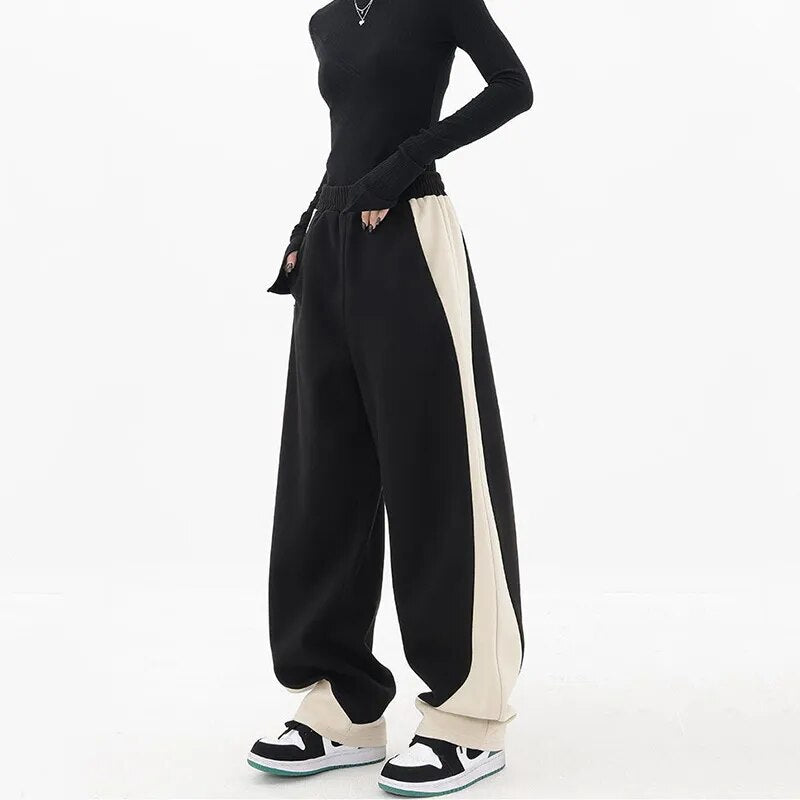 maoxiangshopHip Hop Women Contrast Color Wide Leg Pants Spring Summer Streetwear Fashion Elastic Waist Loose Sports Casual Straight Trousers
