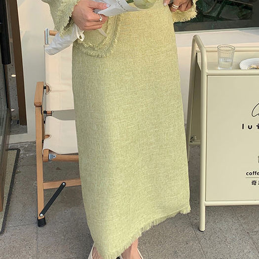 maoxiangshop Spring Green Tweed Two Piece Set Women Skirt Korean Fashion Long Sleeve Jacket + Midi Skirt Suits Vintage Femme 2 Pieces Outfits
