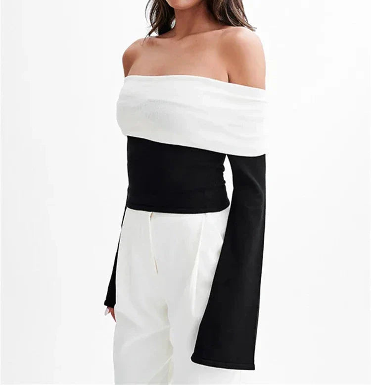 maoxiangshop - Autumn Contrast Off-Shoulder T-shirt Top Women's Patchwork Fashion Contrast Cropped Y2k Top Backless Female Skinny Tee New