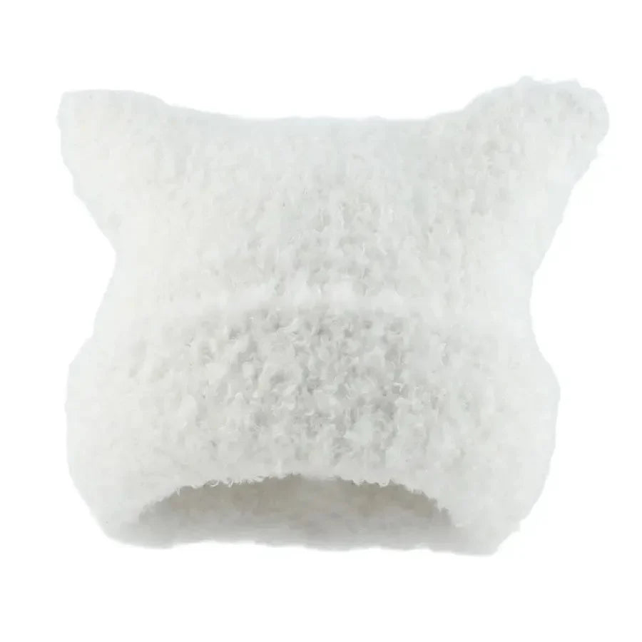 maoxiangshop Winter Lambswool Hats For Women Cute Cat Ears Beanie Soft Warm Knitting Cap Cuffed Skullies Fashion Street Hip Hop Hat