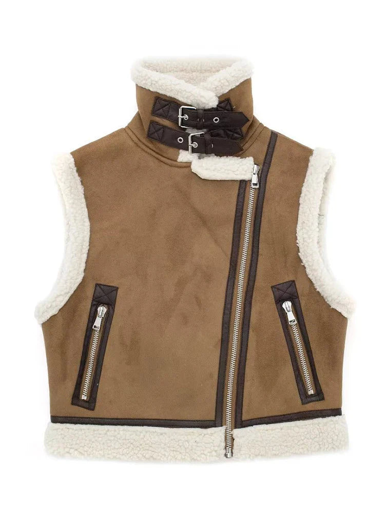 maoxiangshop - Brown Patchwork Pocket Fur Teddy Coats Autumn Sleeveless Thicken Covered Button Cardigan Vest 2023 Female Loose Street Waistcoat