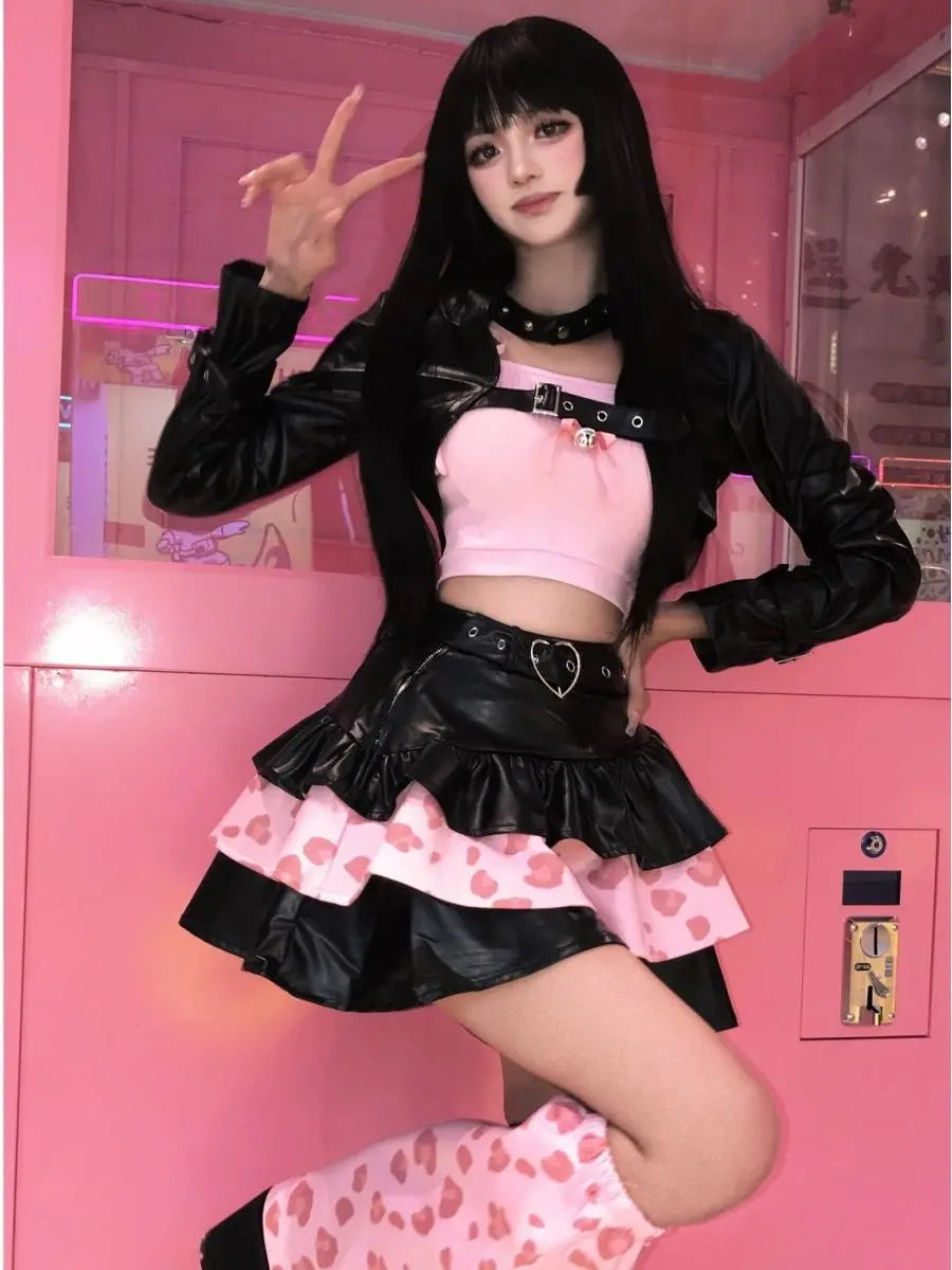 maoxiangshop - Black Sexy Party 3 Piece Set Women Autumn Casual Lolita Print Cake Skirt Suit Female Korean Black Coat+Cute Tops+Sweet Skirt