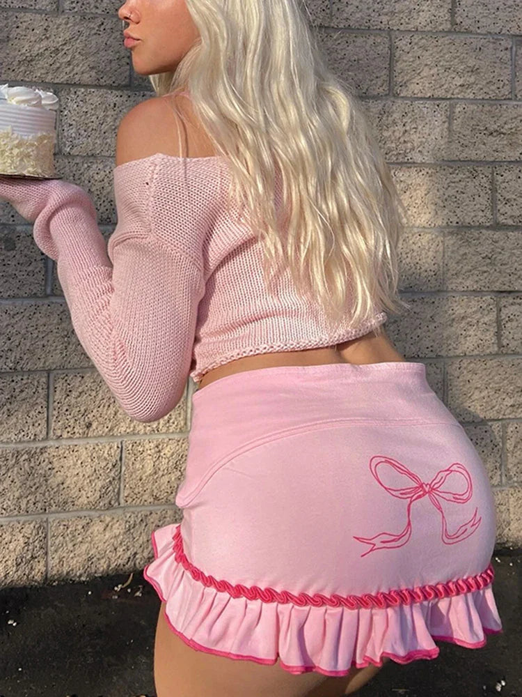 maoxiangshop - Sweet Cute Pastel Goth Skirt Women Aesthetic Fairycore Grunge Bow Print Low Waist Pink Y2k E-girl Vintage Ruffled Skirt