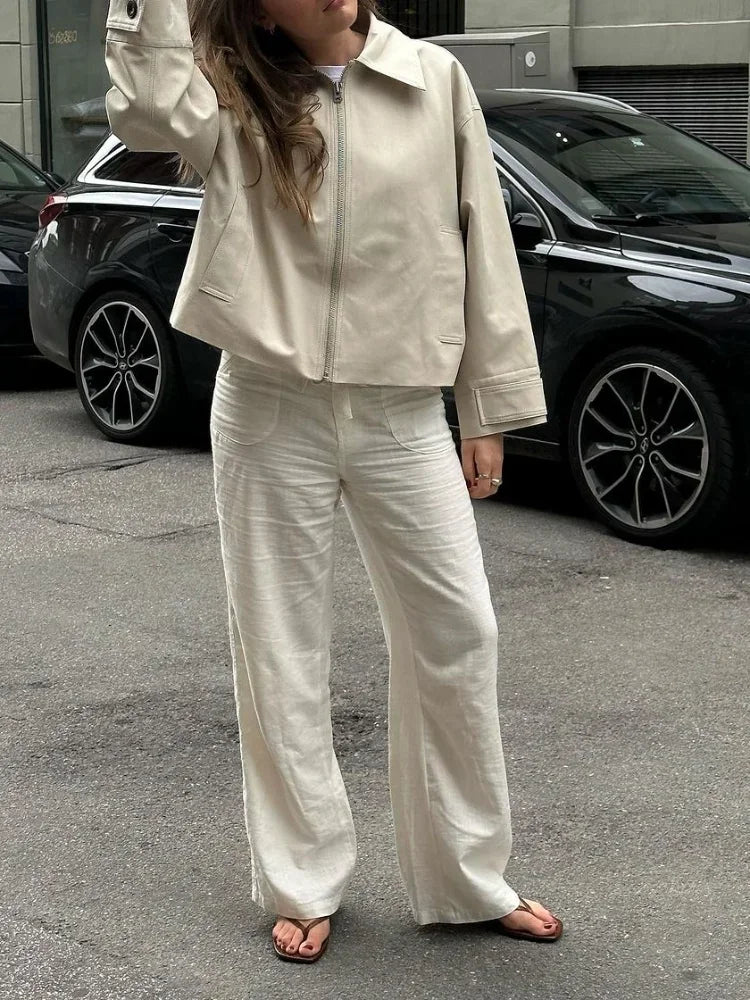 maoxiangshop - Autumn Fashion Leather Laple Zipper Jacket Women Elegant Long Sleeve Pocket Warm Loose Solid Coats 2024 Lady High Street Jackets