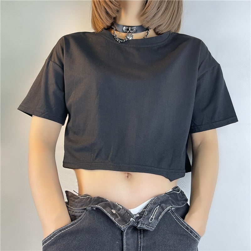 maoxiangshop Harajuku Butterfly Wings Black T-shirt Sexy Hollow Out Short Sleeve Crop Top E-girl Dark Academia Grunge Pullovers Tees Women