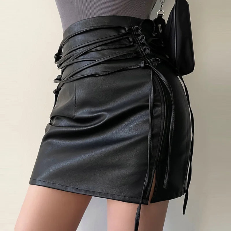 maoxiangshop Sexy Mini Skirts for Women PU Leather Punk Bandage A-line Black High Waist Pencil Skirt Fashiom Y2k Female Clothes Autumn Winter
