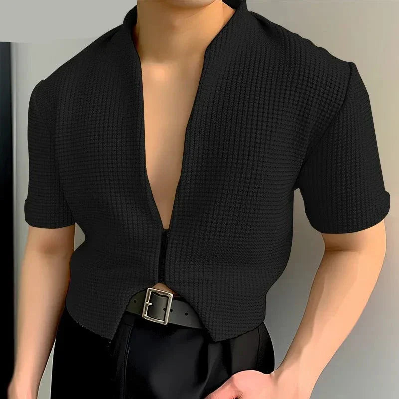 maoxiangshop 2024 Men Shirt Solid Color V Neck Short Sleeve Zipper Streetwear Men Clothing Stylish Casual Irregular Crop Tops S-5XL