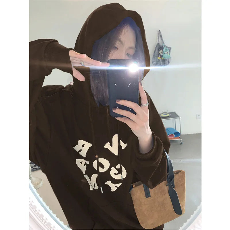 maoxiangshop Korean Autumn Winter Letter Print Hoodie Women Casual Long Sleeve Pullover Tops Hood Shirt Harajuku Oversize Sweatshirt Y2k 후드티