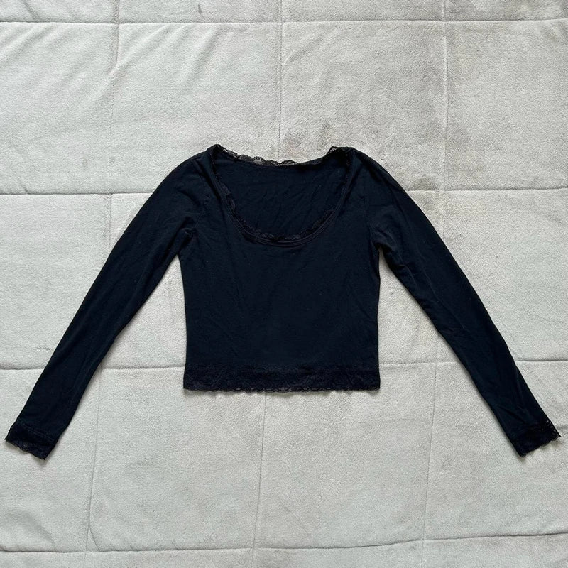 maoxiangshop 2000s Graphic T Shirt Vintage Fairy Grunge Women Autumn Lace Trim Long Sleeve Slim Fits Tops y2k Clothes Basic Harajuku Tees