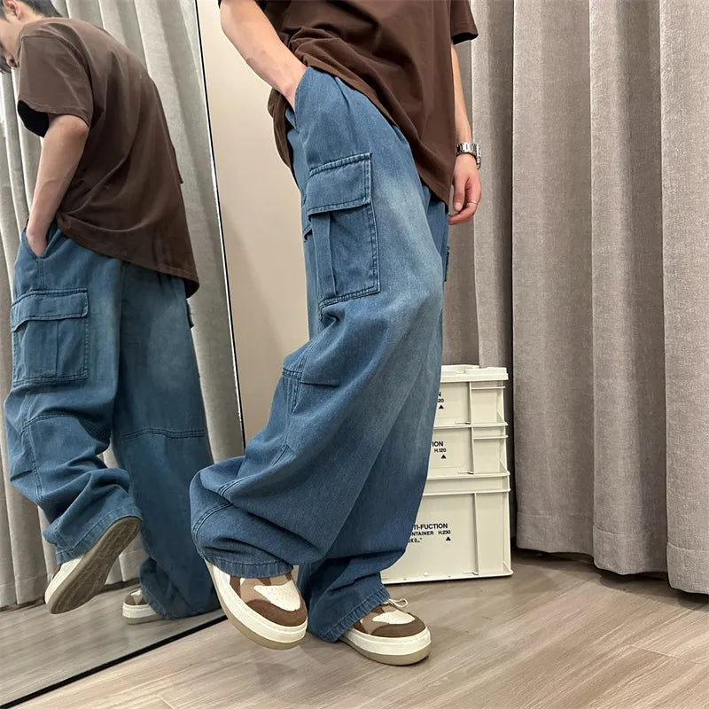 maoxiangshop Men Jeans Loose Straight Wide Leg Denim Pants Men's Hip Hop Streetwear Skateboard Neutral denim Trousers Mopping Cargo jeans