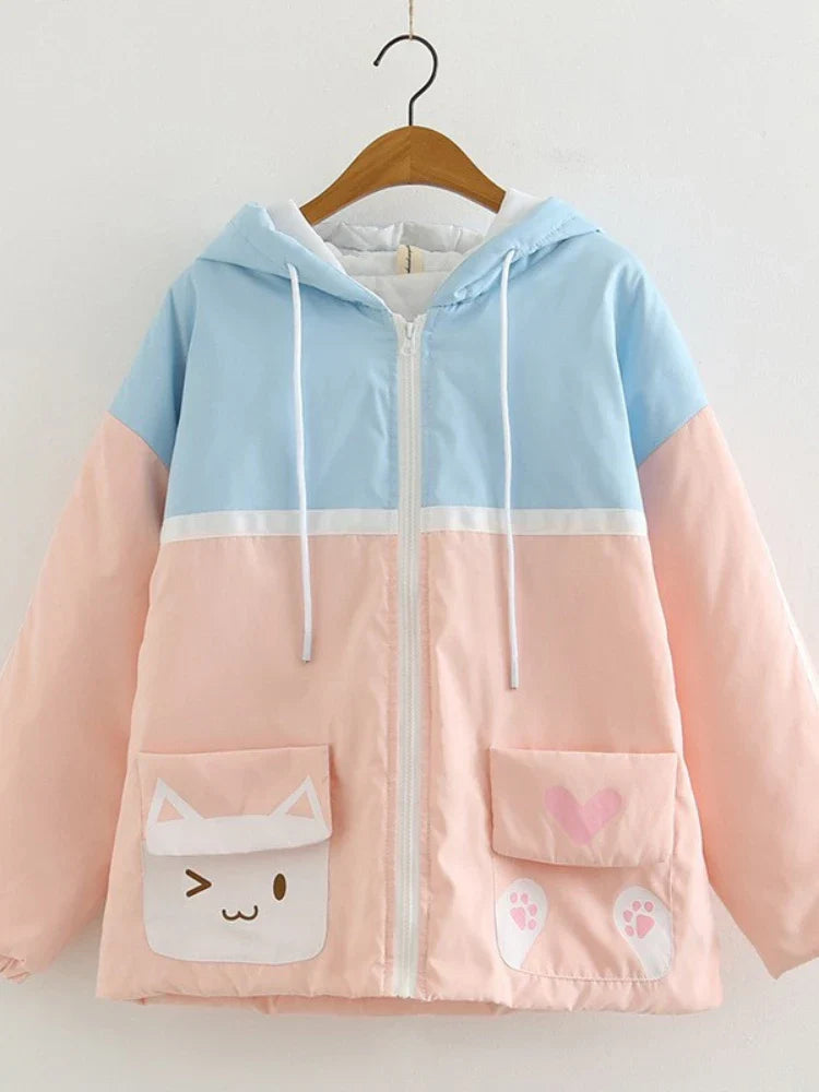 Women's Cartoon Print Harajuku Cotton Coat Patchwork Jackets 2023 Winter Long Sleeve Hooded Warm Parka