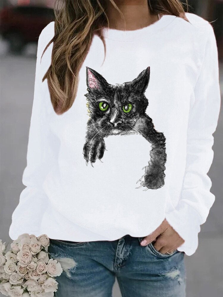 maoxiangshop Autumn and Winter New Solid Color Women's Fashion 3D Cat Print Round Neck Top Hoodie Long Sleeve Fashion Versatile Casual Hoodie