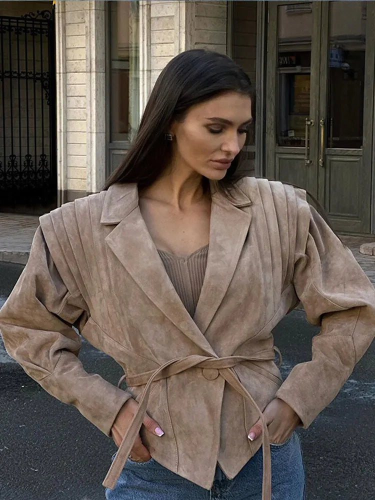 maoxiangshop - Fashion Solid Lapel Motorcycle Jackets With Belt Women Casual Long Sleeve Button Coats 2024 Winter Lady High Street Outercoat