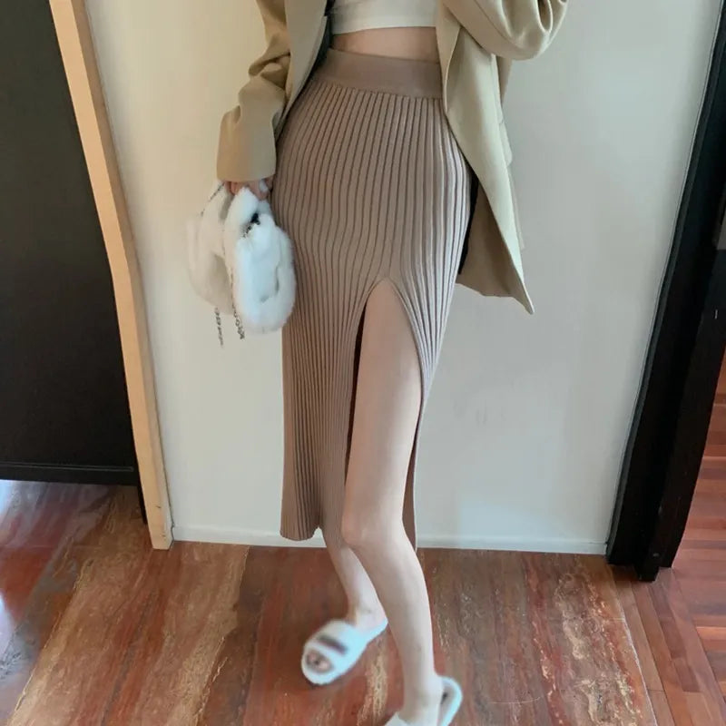maoxiangshop High Waist Knitted Half Skirt Elastic Force Temperament Thin Sexy Split Slim Skirts Spring Autumn