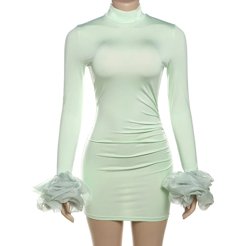 maoxiangshop - Fashion Bodycon Flare Sleeve Mini Dress For Women Flower Splice Turtleneck Sexy Ruched High Waist Club Party Dress Autumn