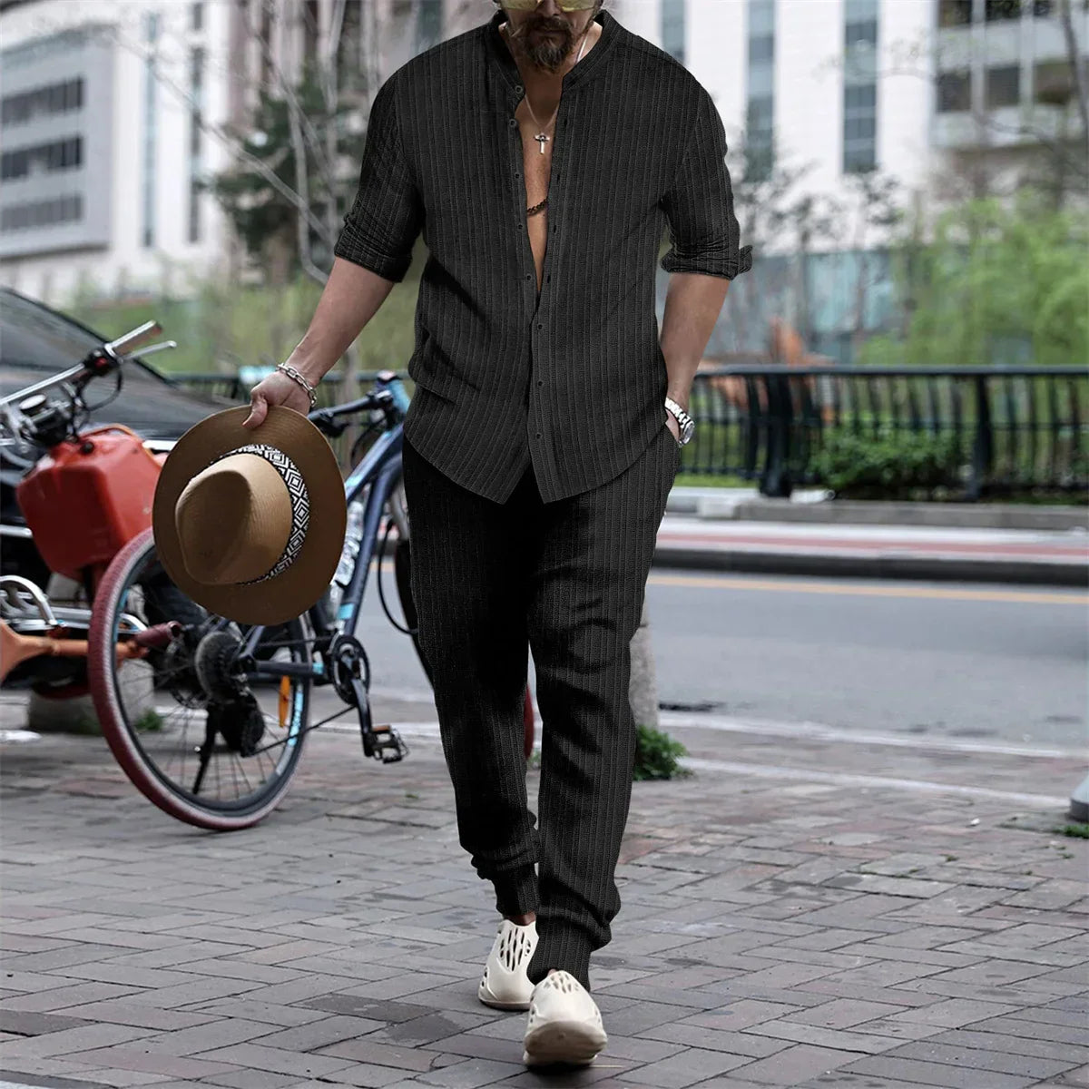 maoxiangshop Autumn Casual Simple Style Mens Sets Long-shirts Long Pants Solid All-match Henry Collar Striped Two-piece Sets S-3XL