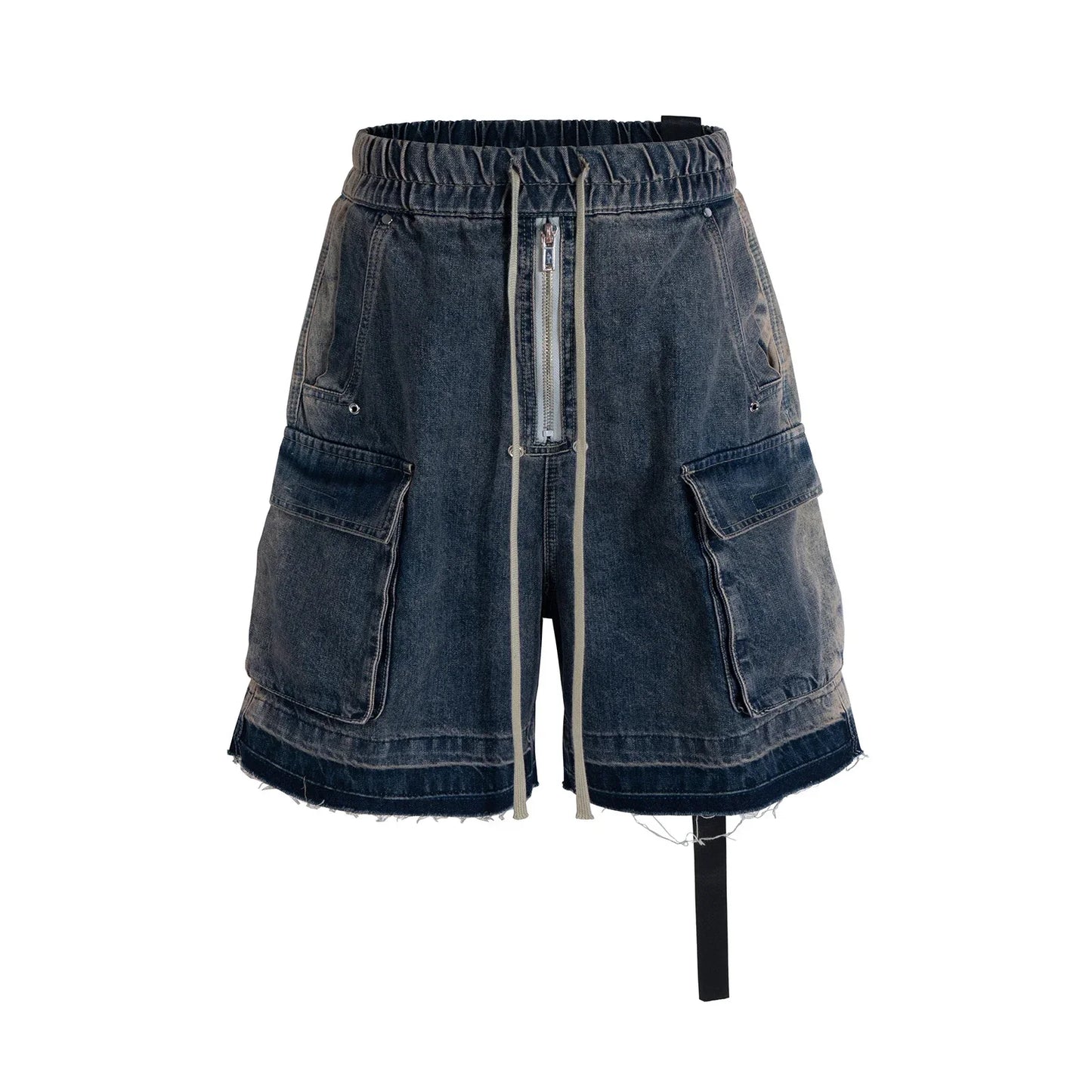 maoxiangshop Style Ribbons Streetwear Multi-pockets Cargo Short for Men Elastic Waist Wide Leg Baggy Jeans Knee Length Pants Loose Overall