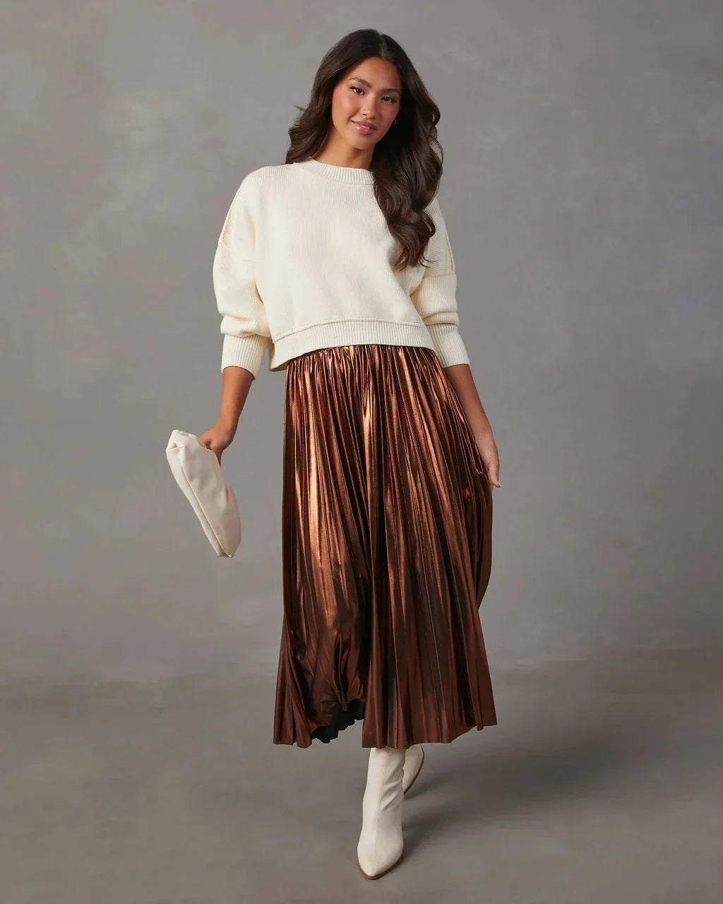 maoxiangshop - New Fashion Giny Pleated Long Skirts Autumn Winter High Waist A- Shaped Midi Long Metallic Pleated Skirt for Women Skirts