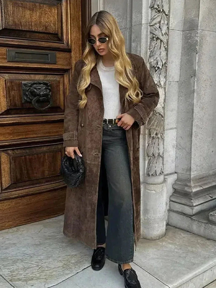 maoxiangshop - Female Retro Jacket Elegant Brown Belted Waist Long Coat Double Breasted High Street Autumn Fashion Full Sleeve Outwear
