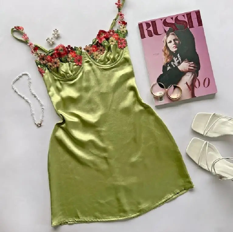 maoxiangshop Women's Sexy Summer Floral Trim Mini Dress Fashion Sling Bodycon Dress Sleeveless Backless 3D Flower Spaghetti Strap Dress