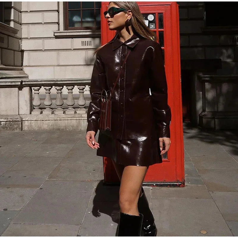 maoxiangshop - Fashion PU Leather Coat Skirt Sets Women 2024 Autumn Winter O-neck Long Sleeve Single Breasted Jackets Top Mini Skirt Ladies Set