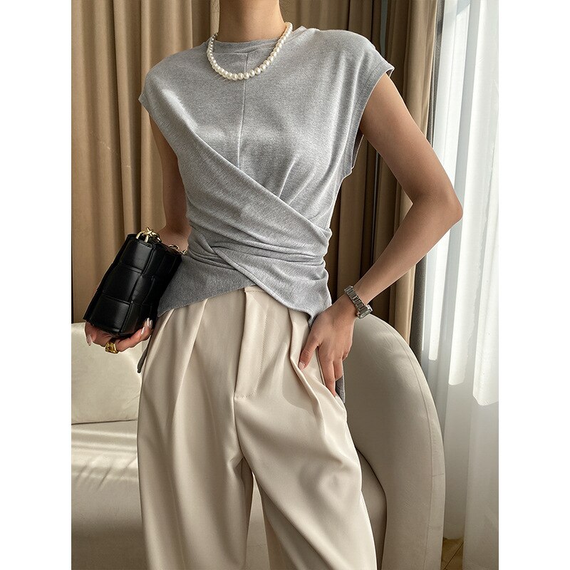 maoxiangshopTrendy niche design cross strap shoulder pads cotton T-shirt top early spring
